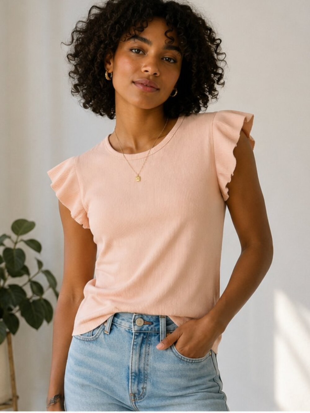 J.Crew Blush Ribbed Flutter Sleeve Top Medium Soft Cotton Modal